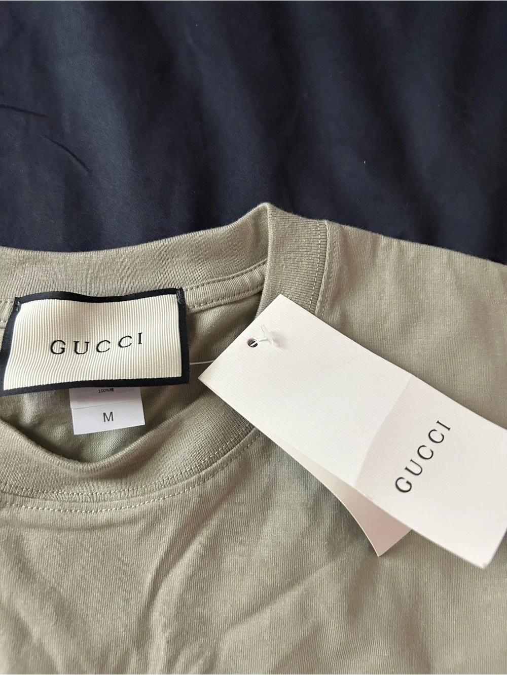 Gucci Short-Sleeve Logo Tee in Olive Green with Pink Accent